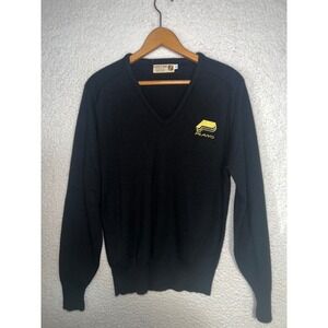 Vintage Logo 7 Mens Plano V-Neck Sweater Black Large Made in USA Retro Knit